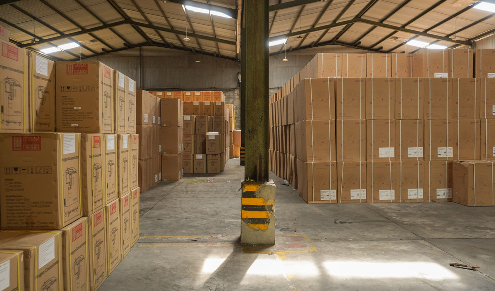 stacked boxes in a warehouse